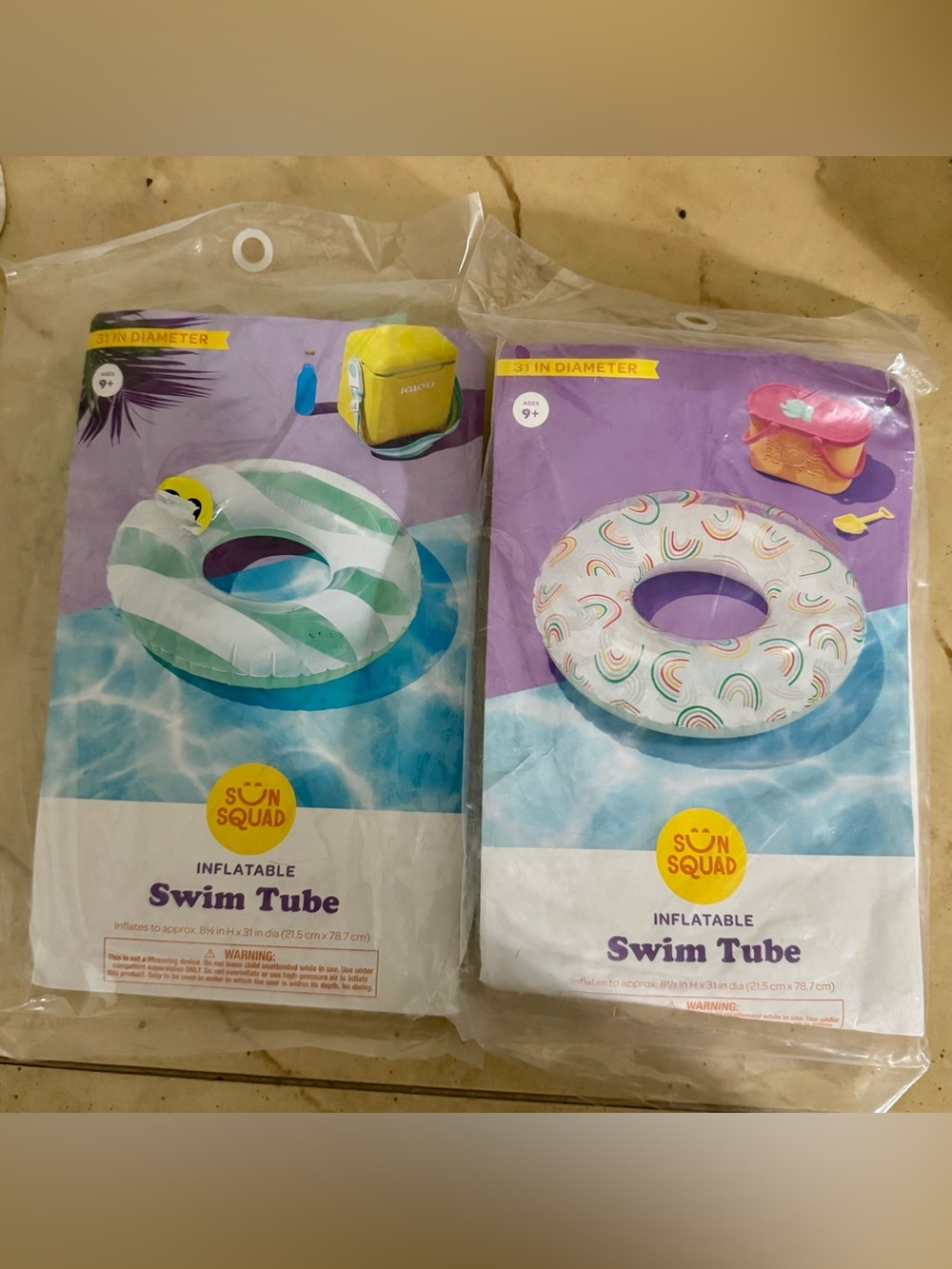 2 Sun Squad Inflatable Swim Tube - Mint Stripe & Rainbow Dot New